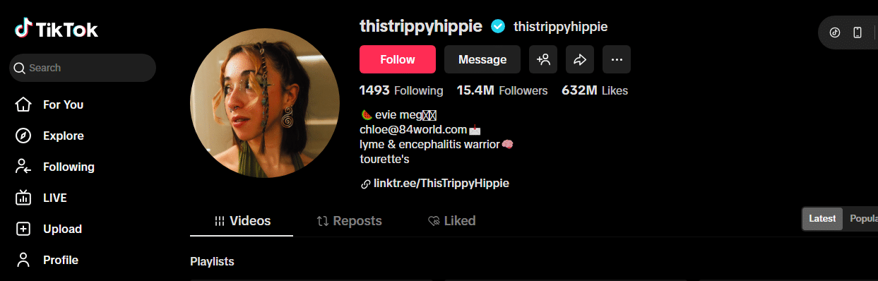 TikTok profile page of thistrippyhippie, featuring a woman with beaded plaits. As one of TikTok's most followed creators, she boasts 15.4M followers, 1,493 following, 632M likes, and brief personal info in her bio section.
