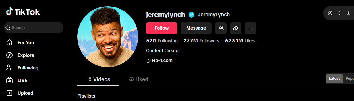 TikTok profile page of user jeremylynch, one of TikTok's most followed content creators, showing a smiling man as the profile photo, 520 following, 27.7M followers, 623.1M likes, with Follow and Message buttons visible.