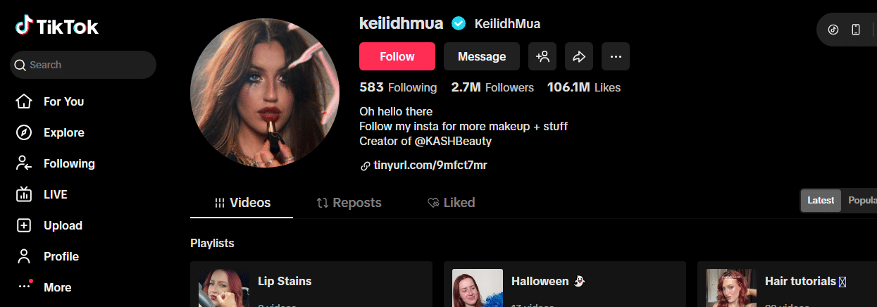A TikTok profile for user keilidhmua shows a woman with make-up holding a brush to her lips as the profile photo. With 2.7M followers and 106.1M likes, she stands out among TikTok's most followed beauty creators.