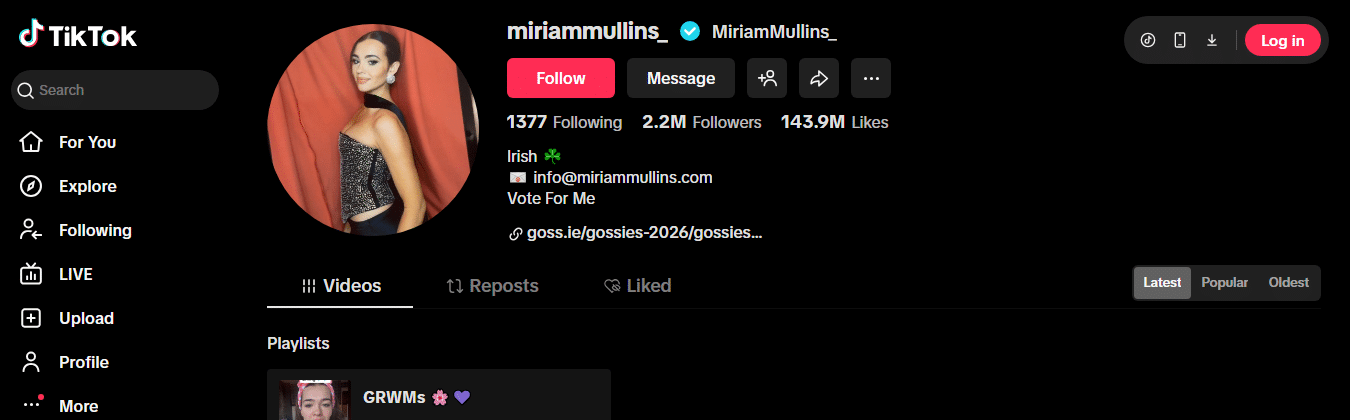 A TikTok profile page for user miriammullins_—one of TikTok's most followed creators—showing her profile photo, bio stating Irish, 2.2M followers, 143.9M likes, and various menu options on the left side of the screen.