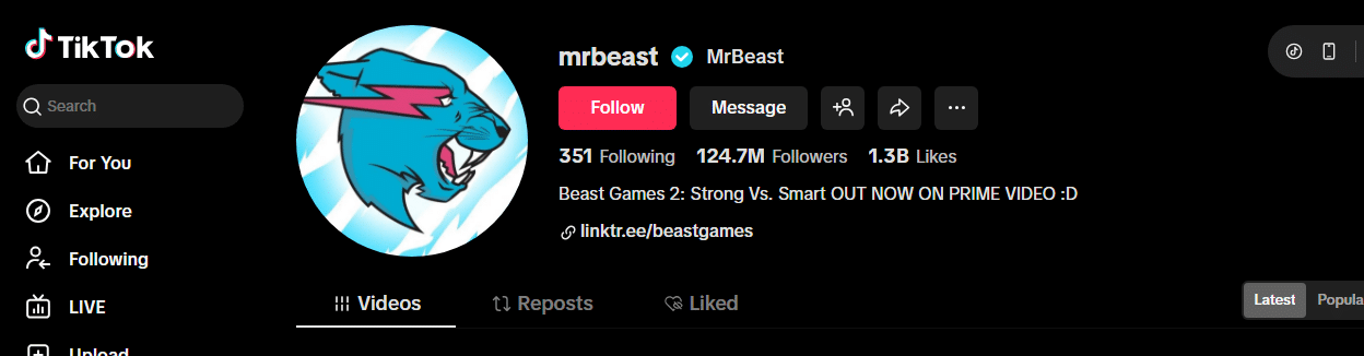 Screenshot of MrBeast’s TikTok profile, TikTok's most followed creator, showing his blue tiger logo, 124.7 million followers, 1.3 billion likes, a link to Beast Games, plus Follow, Message, and account menu options.