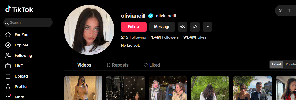Screenshot of olivianeill’s TikTok profile, one of TikTok's most followed creators, displaying her profile picture, 1.4M followers, 91.4M likes, and a row of video thumbnails against a sleek black background.