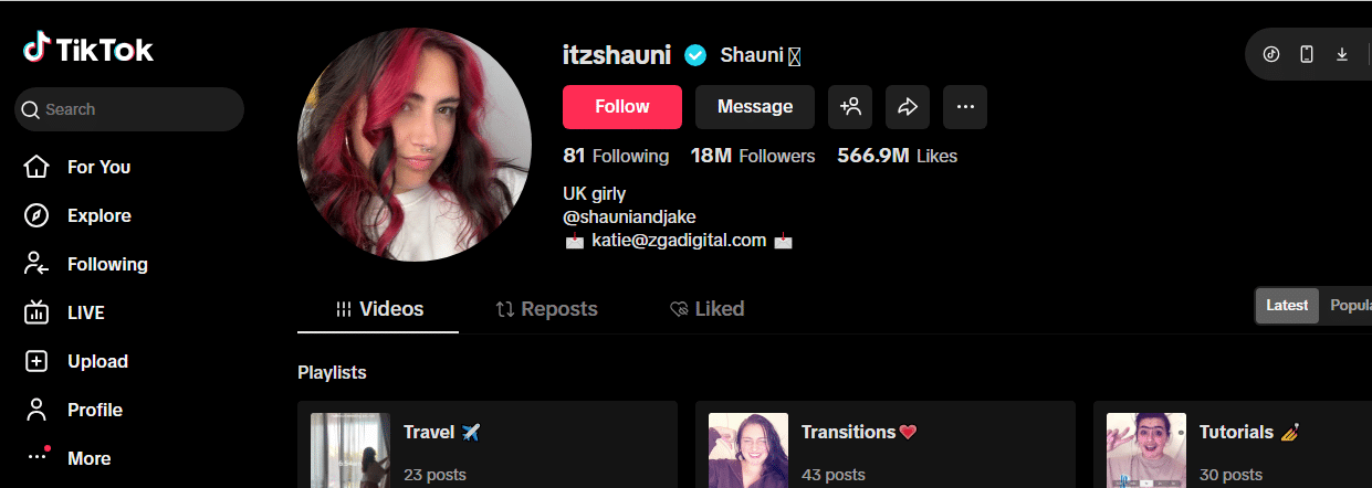 TikTok profile of itzshauni, one of TikTok's most followed creators, featuring a young person with pink hair. With 18M followers, 566.9M likes, and playlists for Travel, Transitions, and Tutorials.
