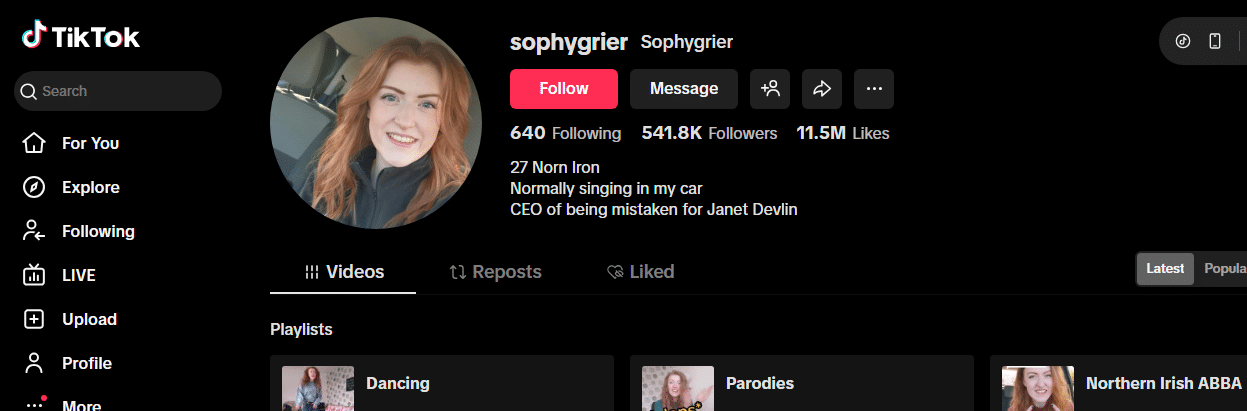 Screenshot of TikTok profile sophyrgier, a 27-year-old mum known for singing in her car. With 541.8K followers and 11.5M likes, she’s aiming to join the ranks of TikTok's most followed creators.