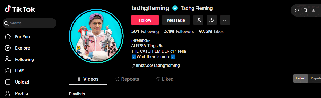 Screenshot of a TikTok profile for tadhgfleming, who’s among TikTok's most followed, showing a man in a white hoodie with puppets. The account has 3.1M followers, 97.3M likes, and a link in the bio.