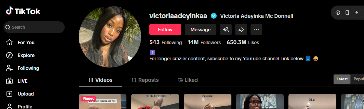 Screenshot of a TikTok profile for victoriaadeyinkaa, one of TikTok's most followed creators, showing a profile photo of a woman, 14M followers, 650.3M likes, 543 following, and a link to her YouTube channel in the bio section.