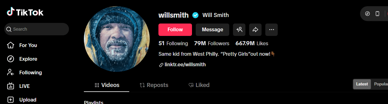 Screenshot of Will Smith’s TikTok profile, one of TikTok's most followed accounts. His winter-clad profile photo is frosted, with 79M followers and 657.9M likes. Bio: “Same kid from West Philly. ‘Pretty Girls’ Out now!”.