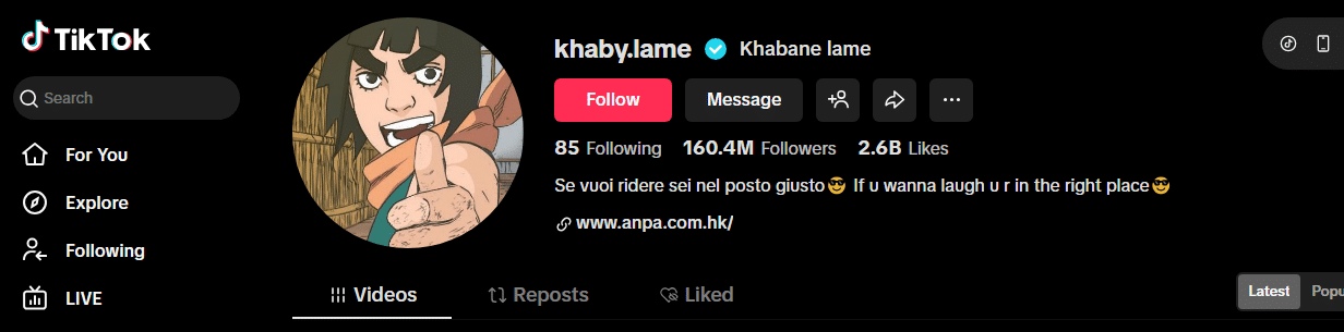Screenshot of Khaby Lame’s TikTok profile, featuring his anime avatar, 160.4M followers—the most-followed on TikTok—2.6B likes, and a bio: “If u want to laugh you’re in the right place😊” with a link to ananp.com.hk.