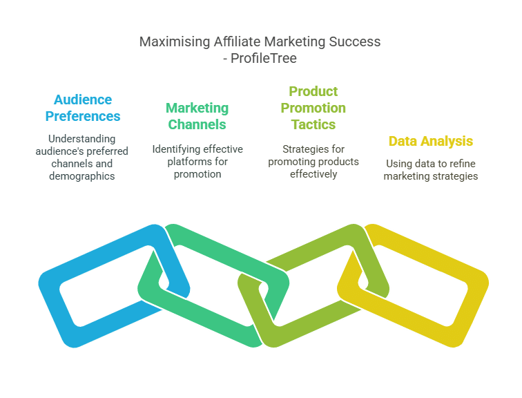 Infographic titled “Maximising Affiliate Marketing Success” shows four linked colored rectangles, each highlighting key Affiliate Marketing strategies: Audience Preferences, Marketing Channels, Product Promotion Tactics, and Data Analysis.