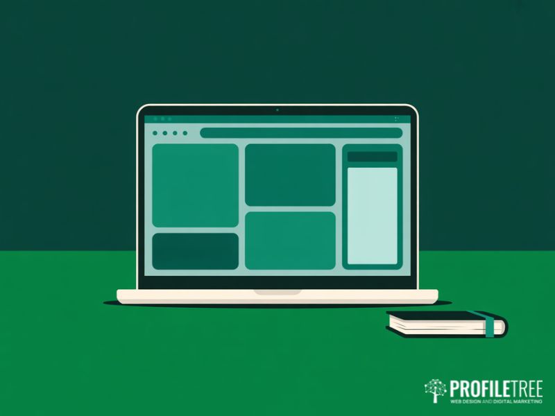 Dreamweaver vs WordPress ease of use shown through a flat vector content block editor interface on a laptop screen