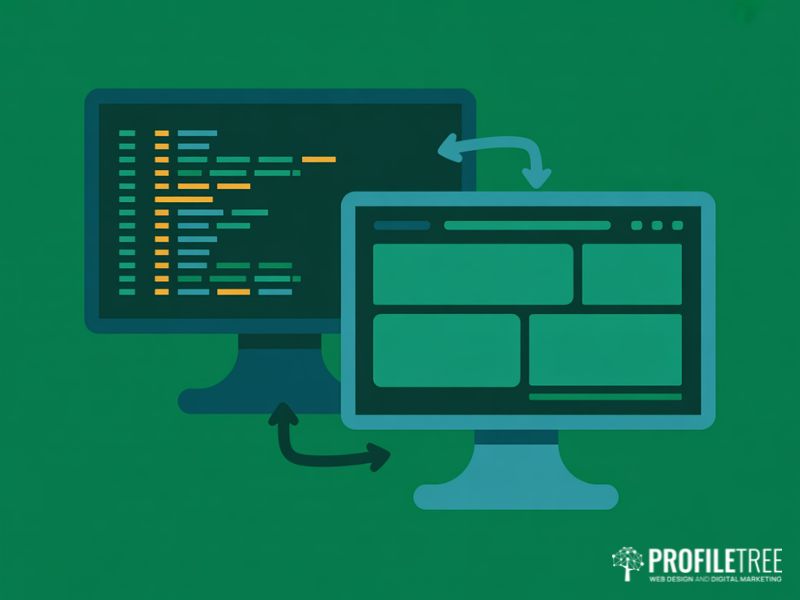 Dreamweaver vs WordPress hybrid workflow illustrated as flat vector code editor and CMS dashboard connected by an arrow