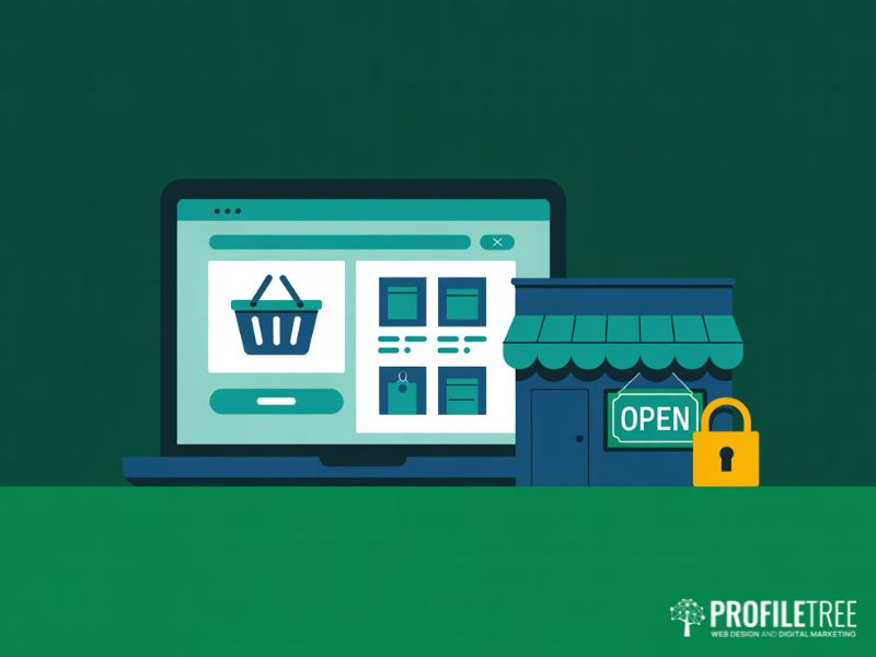 Flat vector illustration of a laptop online store and shop front representing free e-commerce for UK small businesses
