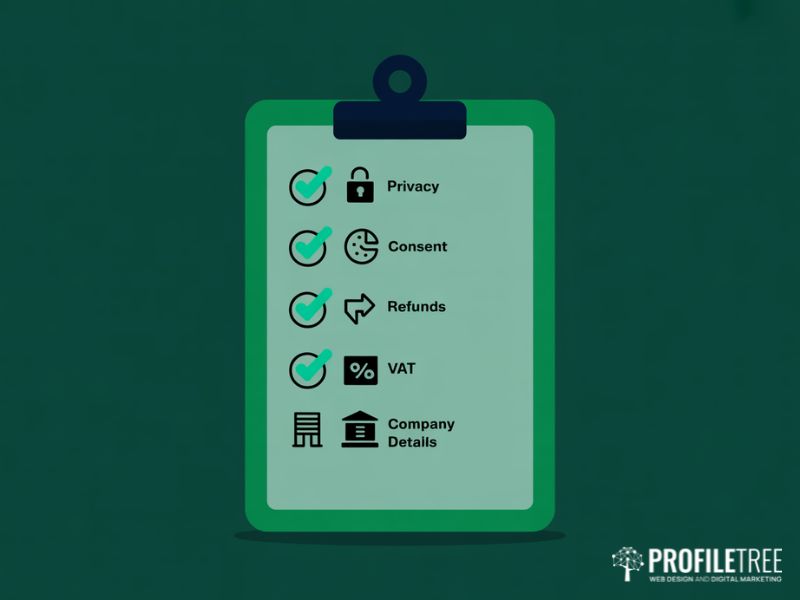 Flat vector compliance checklist illustration covering UK legal requirements for running a free e-commerce store