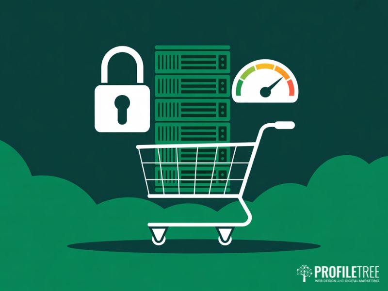 Flat vector illustration of a server and shopping cart representing e-commerce hosting providers for WordPress