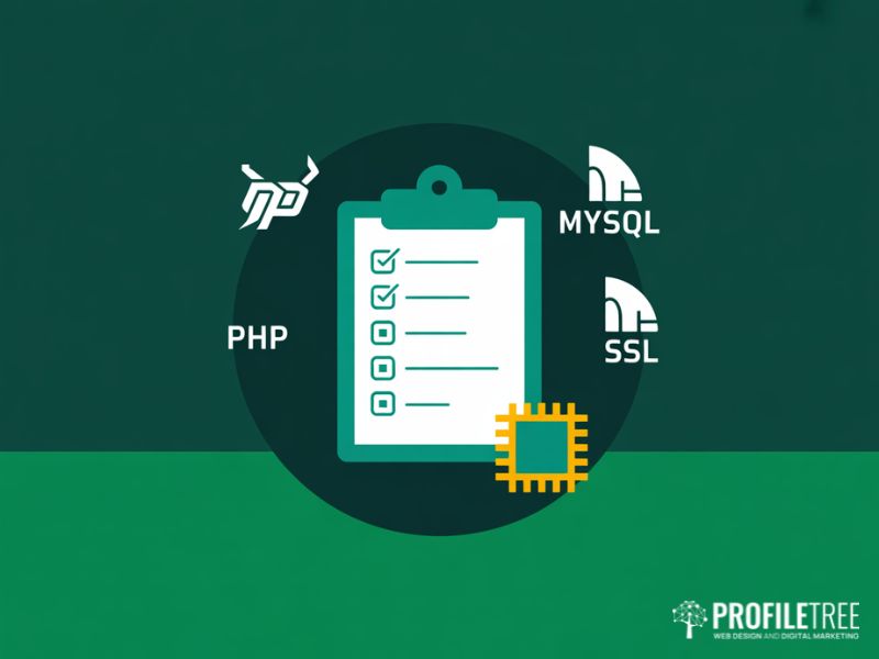 Flat vector checklist of technical requirements for e-commerce hosting providers including PHP and SSL icons