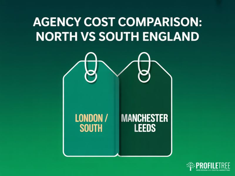 Agency cost comparison graphic for North vs South England digital marketing retainers