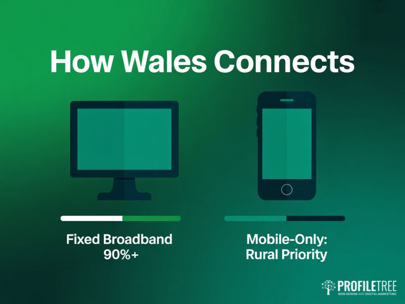 Digital user behaviour in Wales connectivity split showing fixed broadband versus mobile-only usage across rural and urban areas