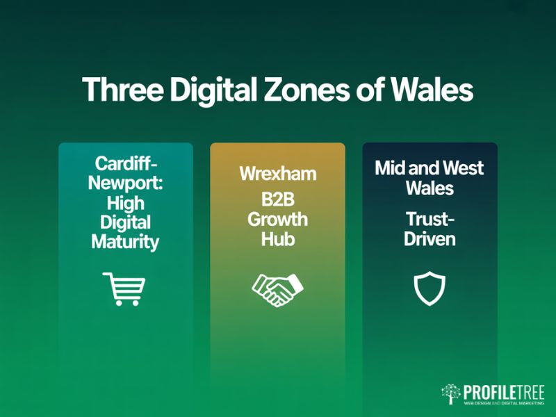 Digital user behaviour in Wales broken into three regional zones Cardiff Newport Wrexham and Mid West Wales