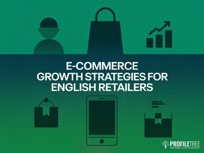 E-commerce Growth Strategies for English Retailers: flat vector overview graphic showing key digital commerce icons