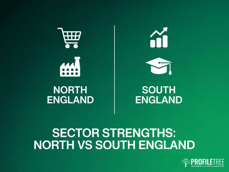 Sector strengths comparison chart showing North vs South England digital marketing specialisms