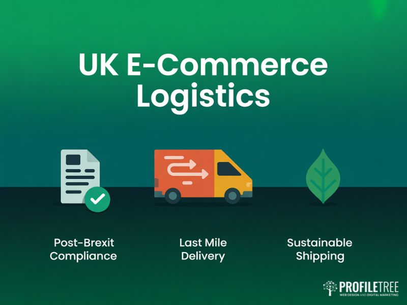 UK e-commerce logistics flat vector graphic covering delivery and compliance within E-commerce Growth Strategies