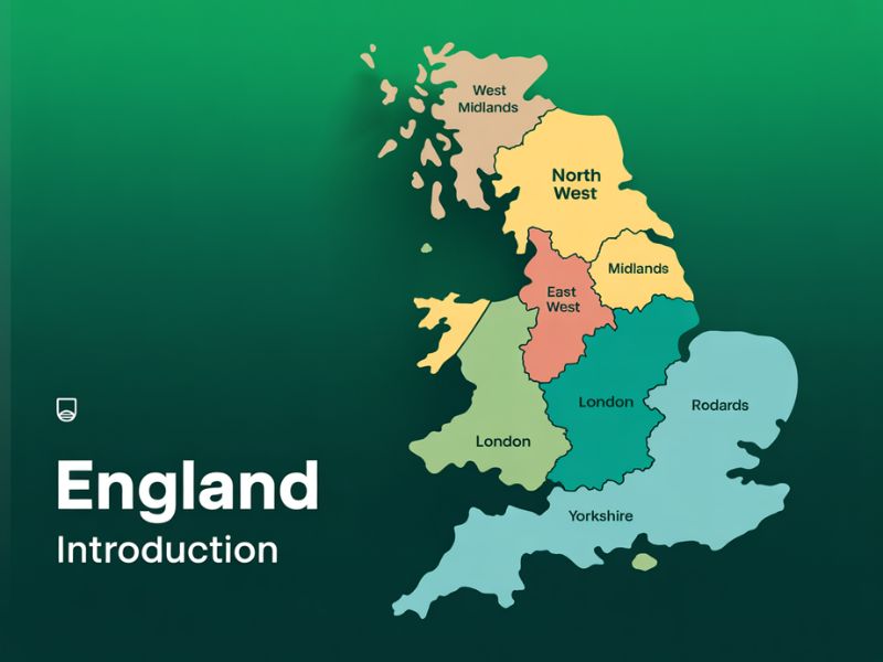 Colour-coded flat vector map of England's regions representing England's Cultural Landscape for marketers