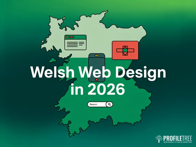 Flat vector map of Wales with digital icons representing Welsh Web Design trends in 2026