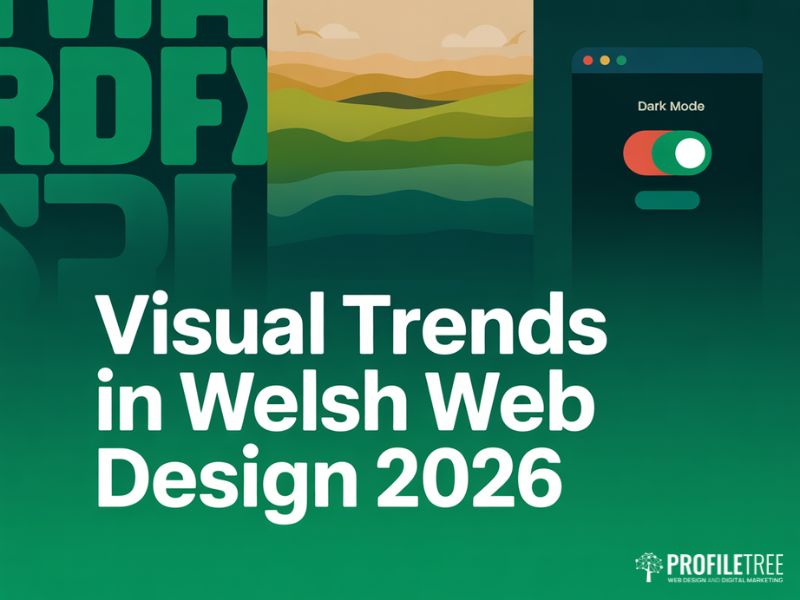 Flat vector style tiles showing typography, colour, and dark mode trends in Welsh Web Design
