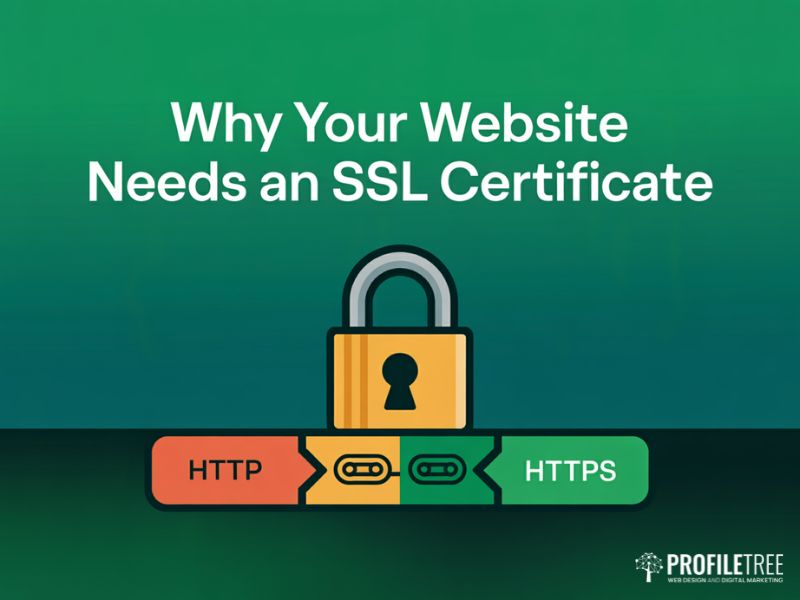 Flat vector diagram showing the difference between HTTP and HTTPS, illustrating why an SSL certificate is essential for website security