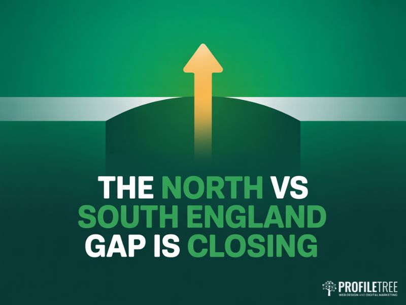 Flat vector graphic showing the North vs South England digital marketing gap narrowing over time