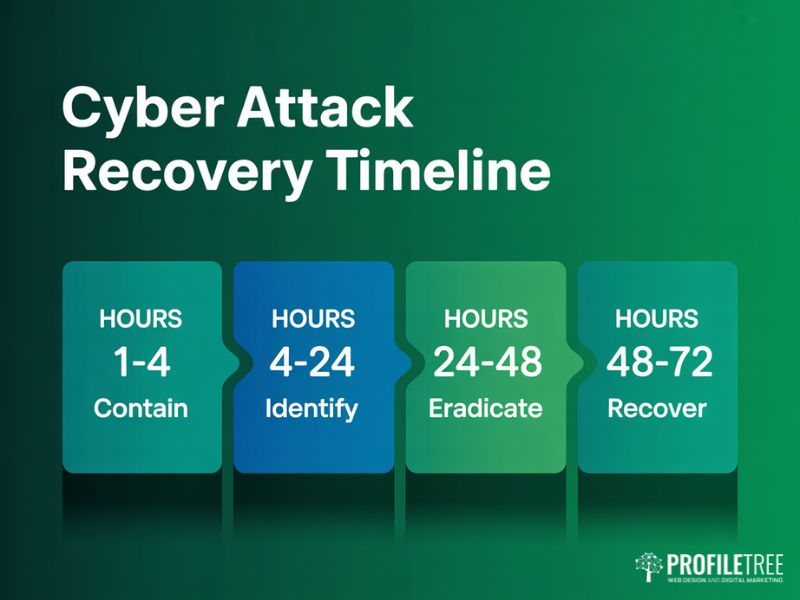 Cyber attack recovery timeline as flat vector graphic showing four stages from containment to recovery over 72 hours