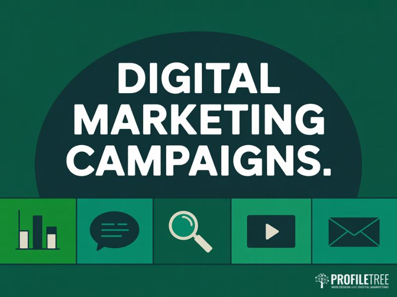 Flat vector graphic showing key channels in digital marketing campaigns including SEO, content, video, social media and email