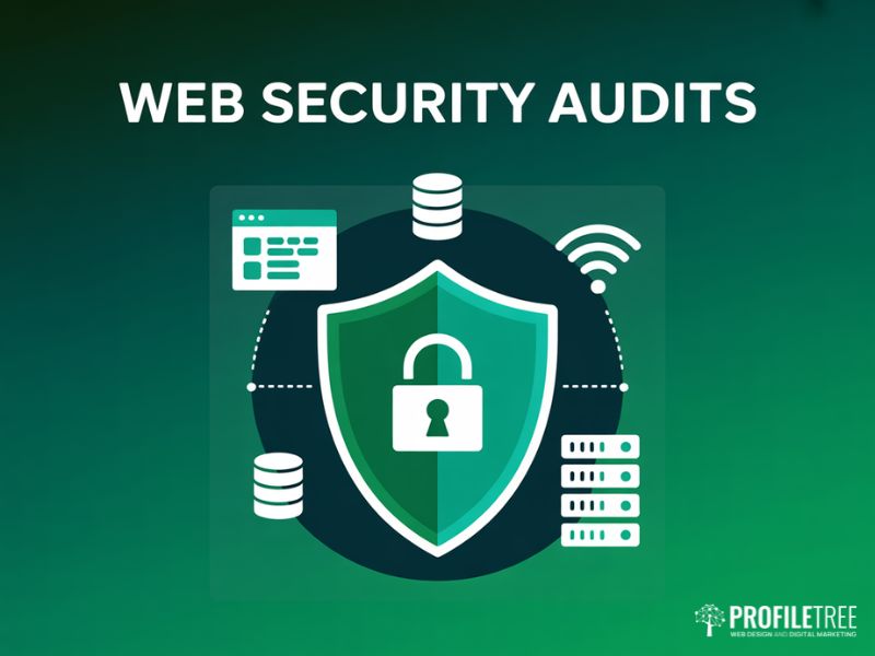 Web Security Audits: shield and padlock illustration showing website protection elements