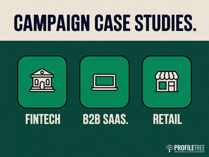 Flat vector overview of three digital marketing campaigns case studies in FinTech, B2B SaaS and retail