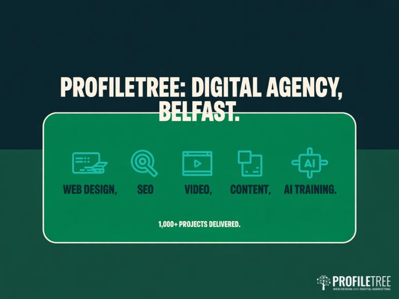 Flat vector graphic showing ProfileTree services supporting digital marketing campaigns including web design SEO video content and AI training