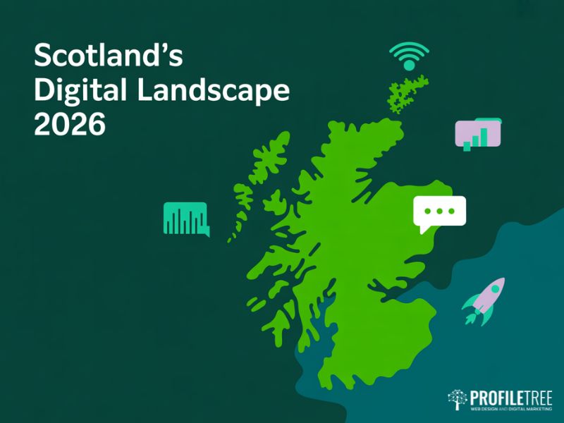 A flat vector map of Scotland illustrating digital marketing trends in Scotland across key regions in 2026
