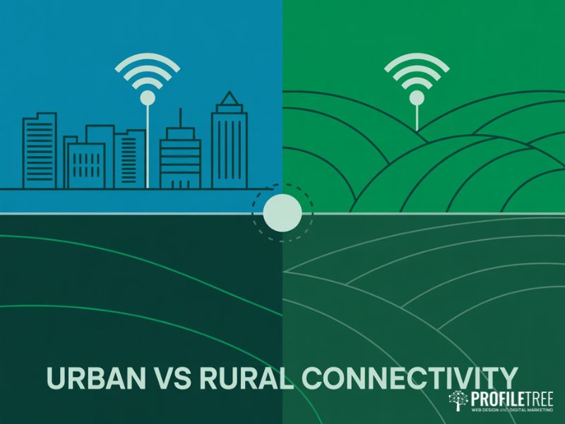 Flat vector illustration of the urban and rural connectivity divide relevant to digital marketing trends in Scotland