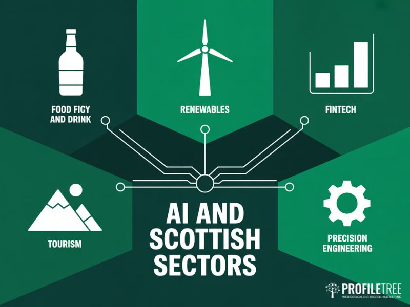 Flat vector diagram of AI applications across Scottish industries illustrating digital marketing trends in Scotland