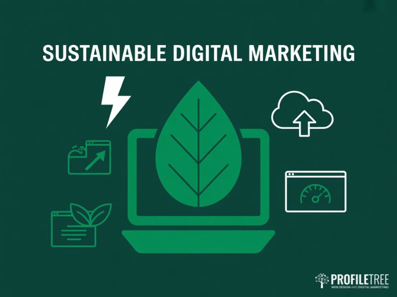 Flat vector graphic of sustainable web design principles supporting digital marketing trends in Scotland