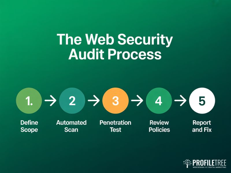 Web Security Audits five-step process flow from scope definition to reporting and remediation