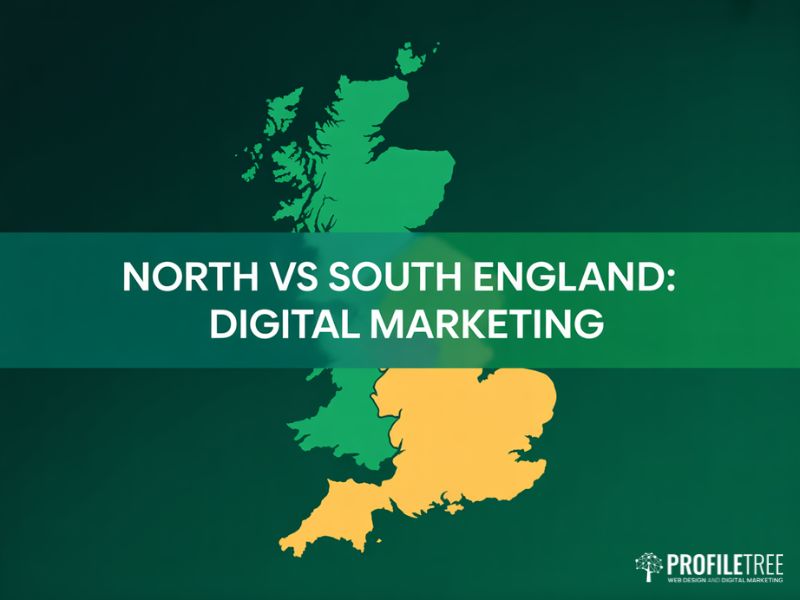 North vs South England digital marketing divide illustrated on a flat vector map of England
