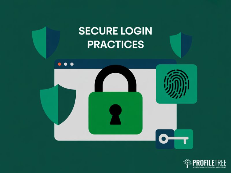 Secure Login Practices for web applications illustrated as a flat vector padlock inside a browser window with shield and fingerprint icons