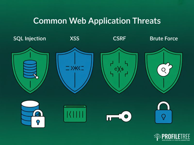Flat vector summary of common web application threats and defences as part of Secure Login Practices including SQL injection, XSS, and CSRF