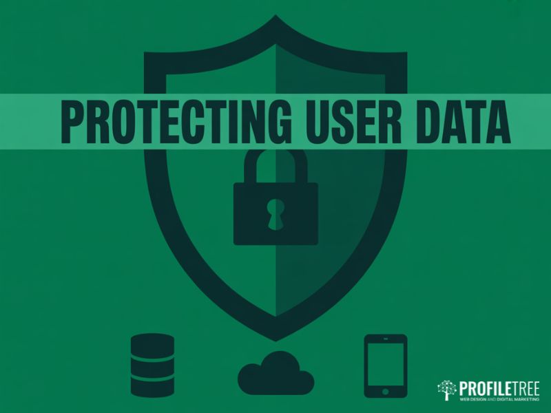 Protecting User Data: shield and padlock graphic showing database, cloud, and device security icons