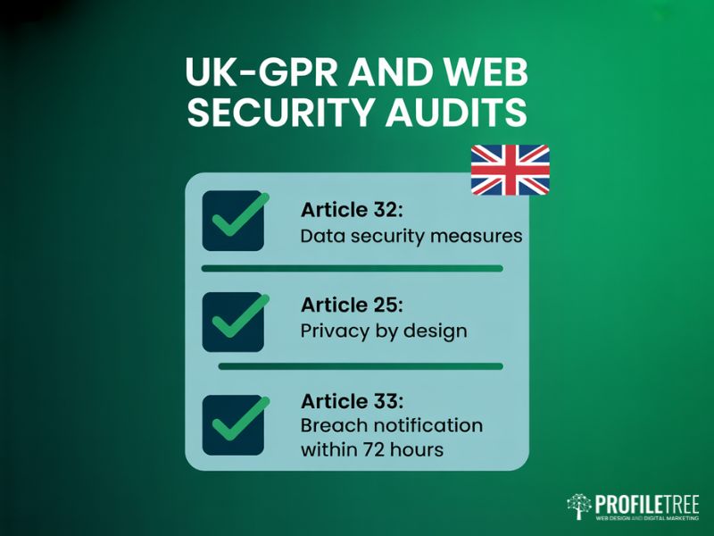Web Security Audits UK-GDPR compliance checklist covering Articles 32, 25, and 33
