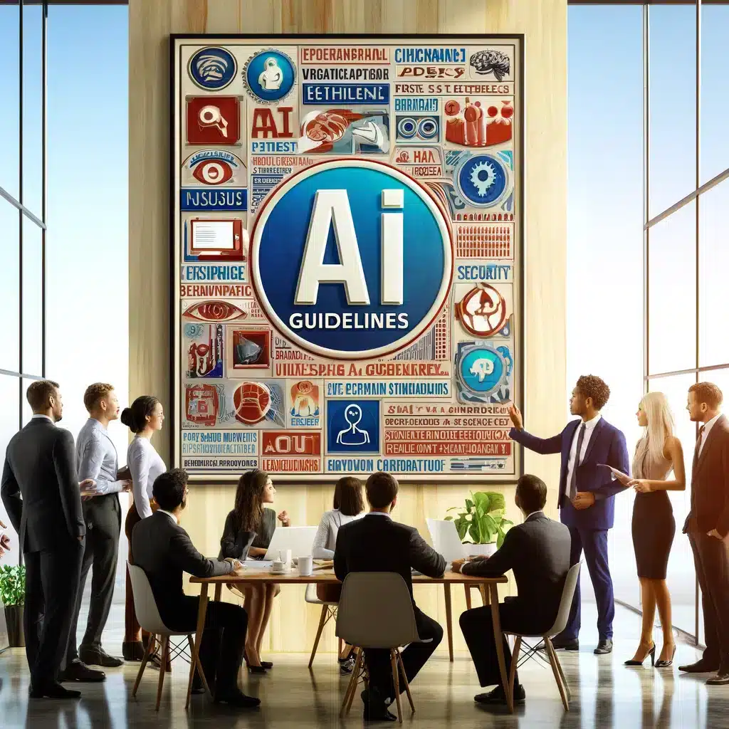 A group of professionals in a modern office gather around a large wall poster displaying “AI Guidelines” with icons, graphics, and key AI statistics relevant to technology and small businesses.