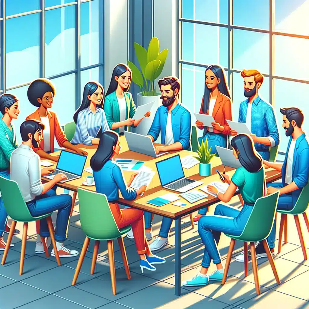 A diverse group of people sit and stand around a table in a modern, sunlit office, collaborating with laptops, papers, and coffee cups as they discuss AI guidelines during a team meeting—ideal for small businesses embracing innovation.