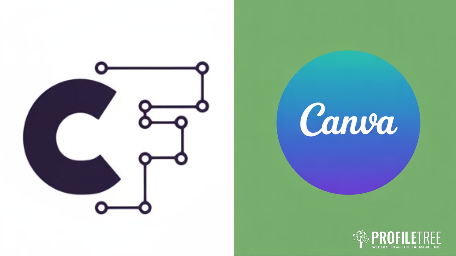 Split image showing the logo for Crello (a stylised C with circuit-like lines) on the left and the Canva logo on a blue-green gradient circle on the right, featuring PROFILETREE branding and a Creative Fabrica Studio touch at the bottom.