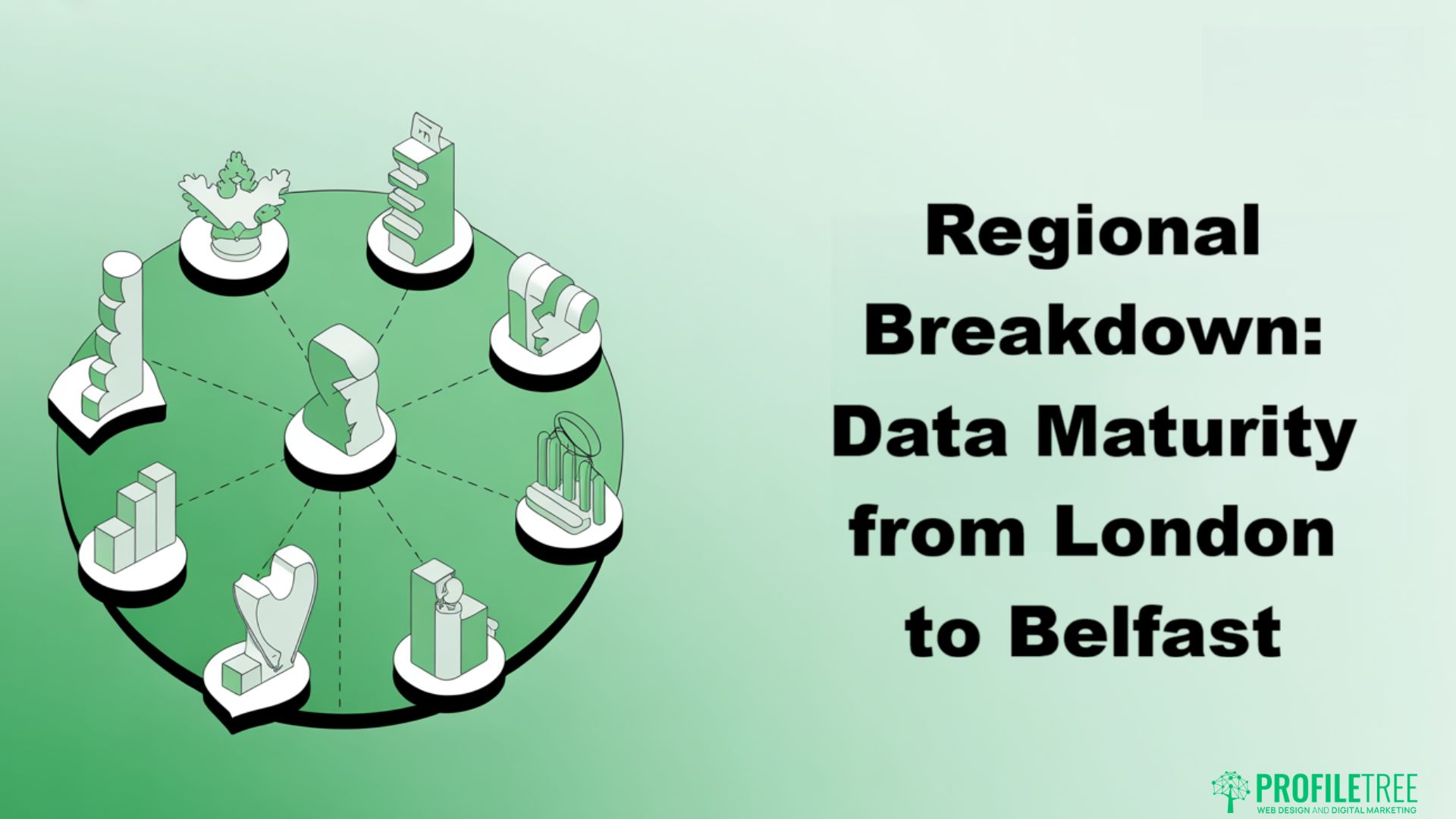 A graphic with abstract pillar icons in a circle and the text: Regional Breakdown: Product Management Data Maturity from London to Belfast. The ProfileTree logo is in the lower right corner on a green gradient background.