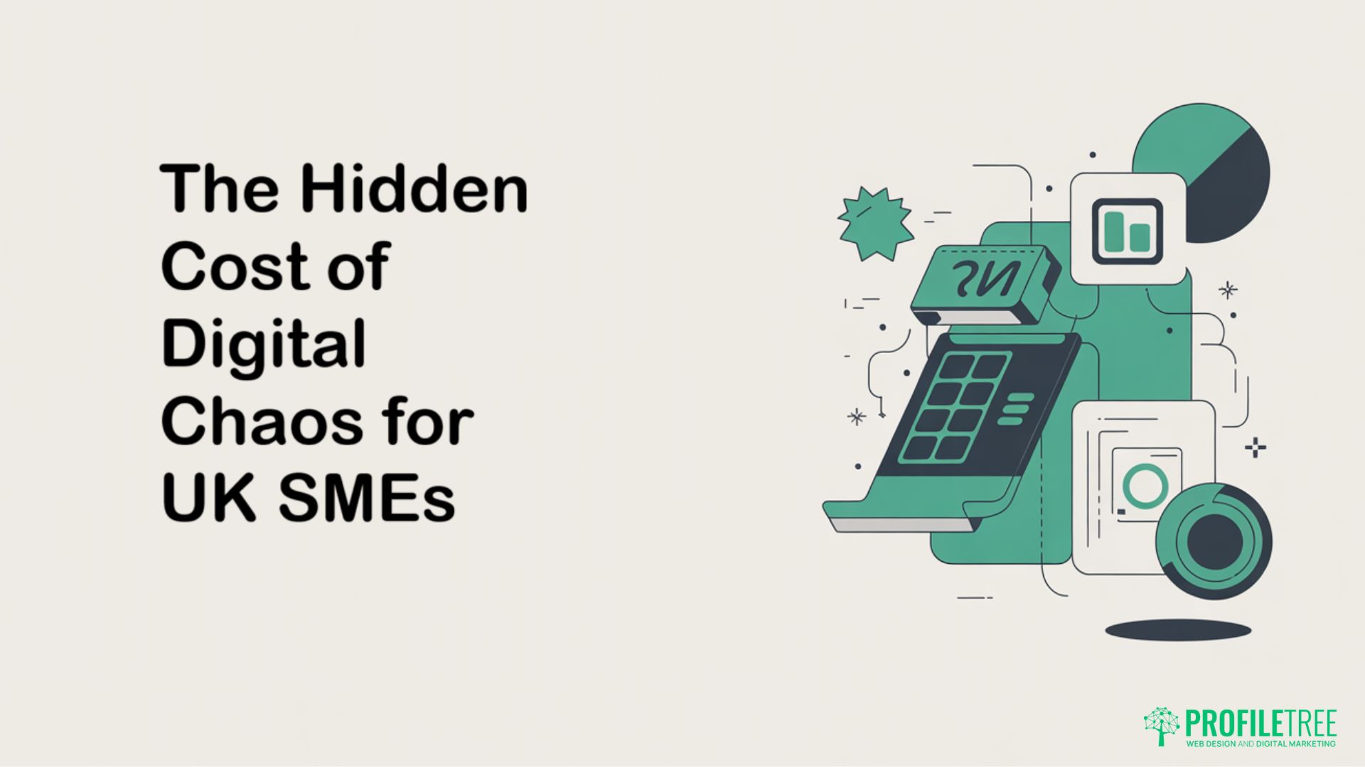 Illustration of a till with text: The Hidden Cost of Digital Chaos for UK SMEs—highlighting the impact on asset management. In the bottom right corner is the ProfitTree logo. Background is light with teal and black accents.